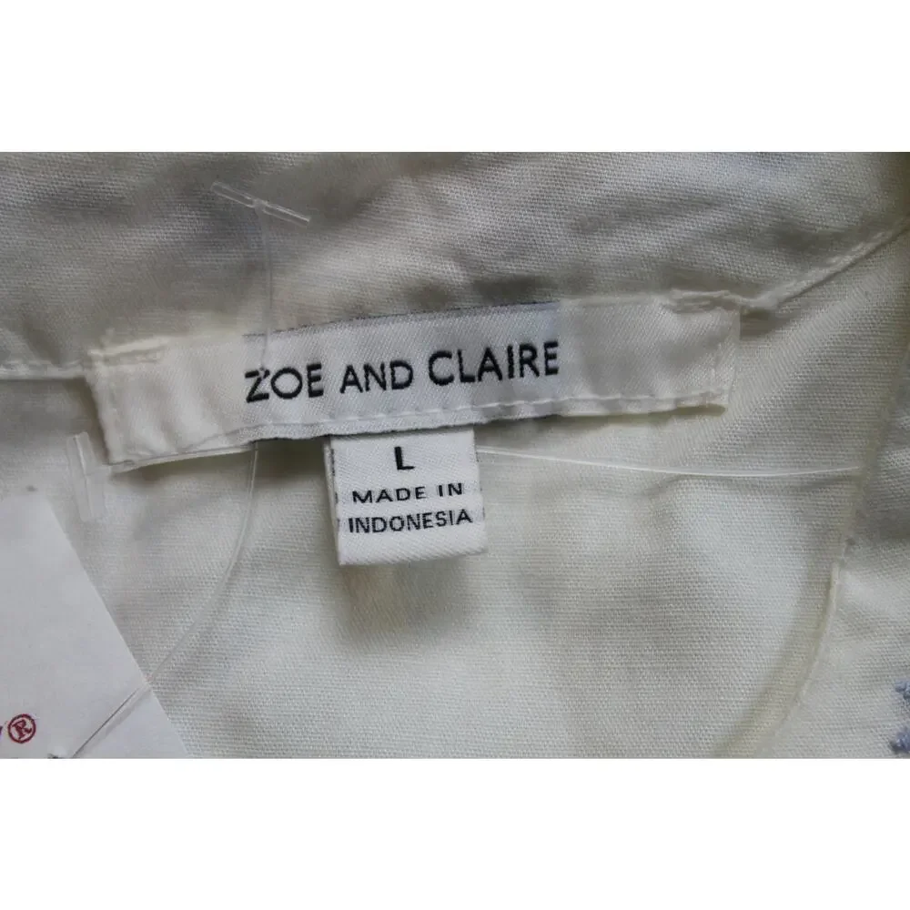 NWOT Zoe and Claire White w/ Blue Embroidery Cropped Peasant Boho Top Size L